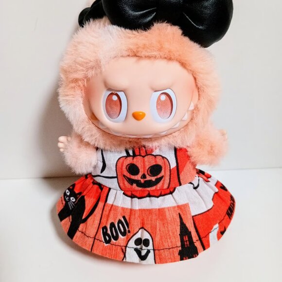 Spooky Halloween Jack o Lantern Pumpkin Dress and Bow Made to Fit Labubu - Picture 3 of 8